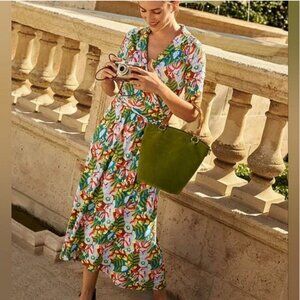 BODEN Lavinia jersey midi wrap dress in Red Oak Safari Palm floral print